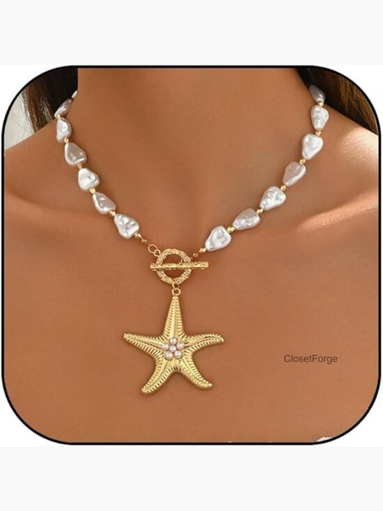 Jewelry - Chunky Gold Starfish Necklace with Baroque Pearl Pendant Layered Choker Beach